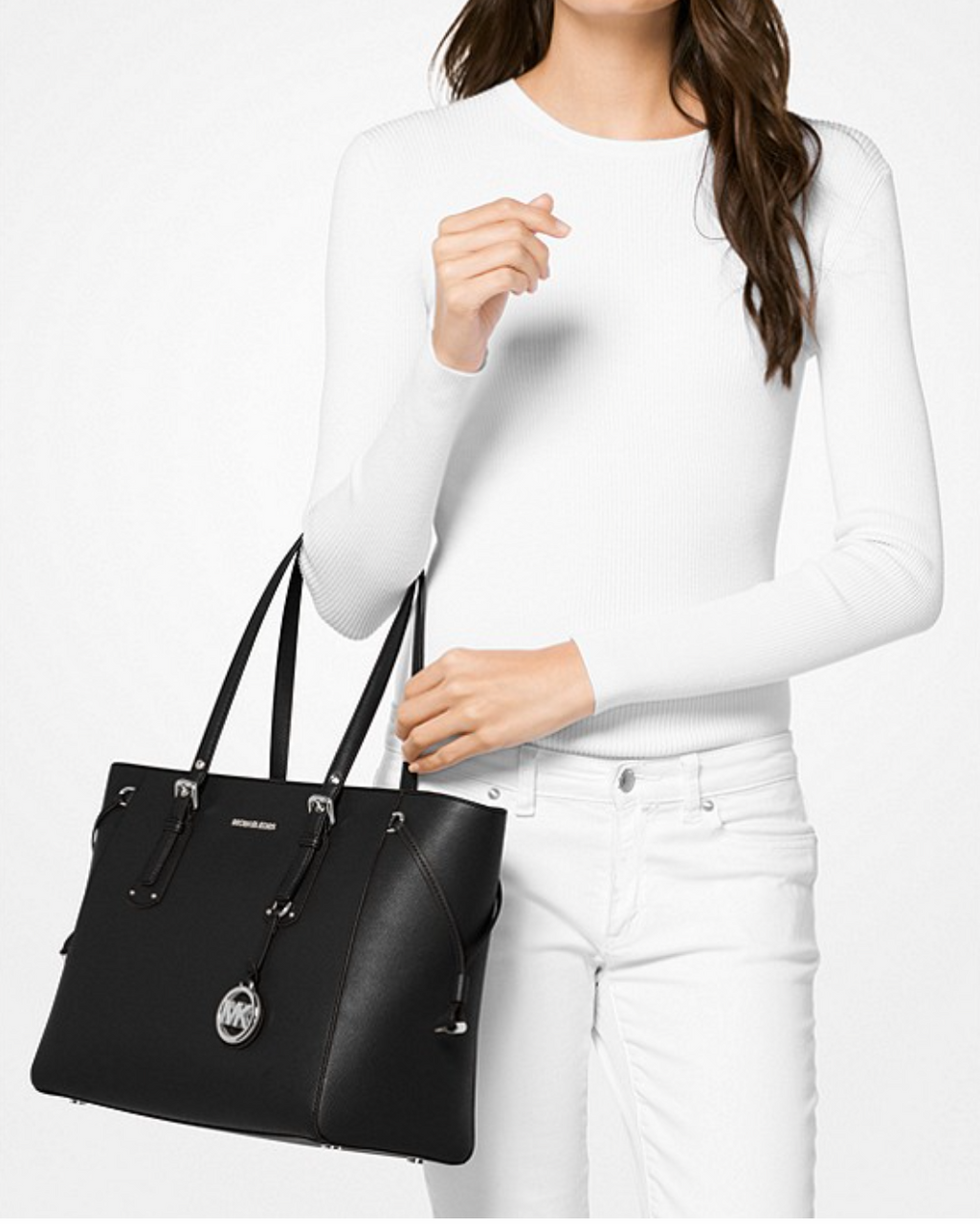Noir/argent - MICHAEL KORS Sac à main Voyager de taille moyenne en cuir grainé argent