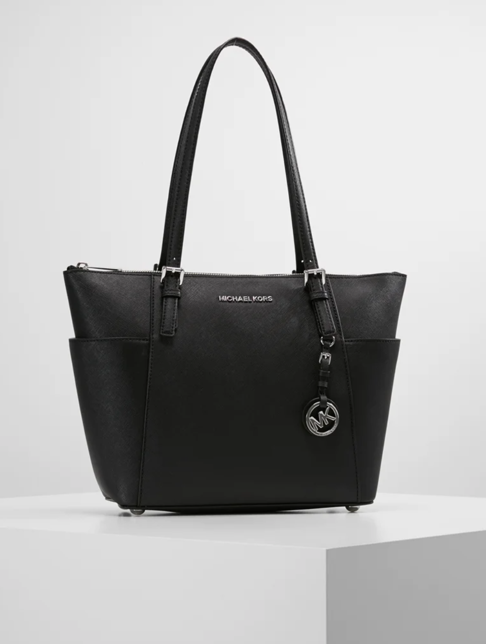 Noir argenté - MICHAEL KORS Grand cabas Jet Set en cuir grainé avec glissière supérieure Noir argenté