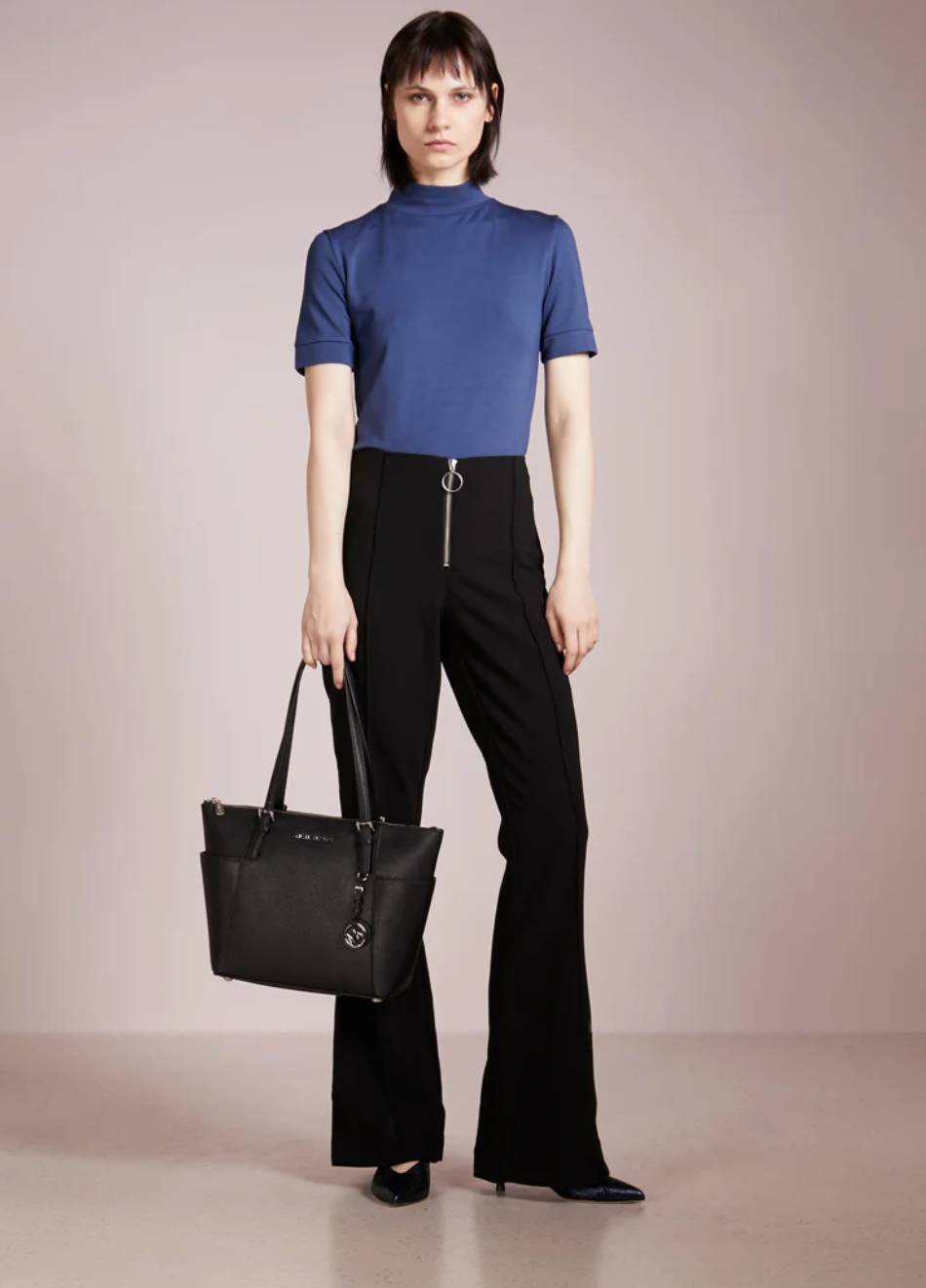 Noir argenté - MICHAEL KORS Grand cabas Jet Set en cuir grainé avec glissière supérieure Noir argenté